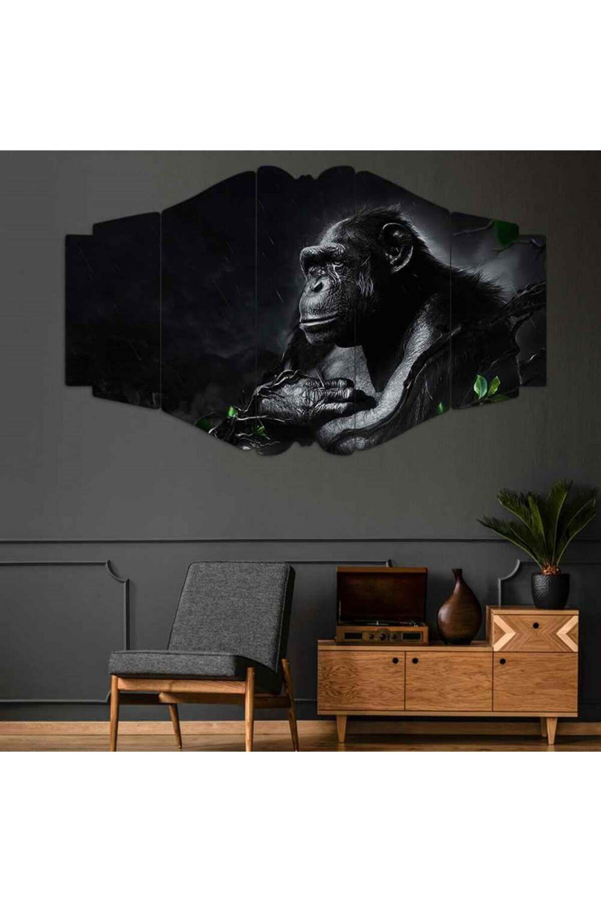 Düşünceli Maymun - 5 Parçalı Tablo