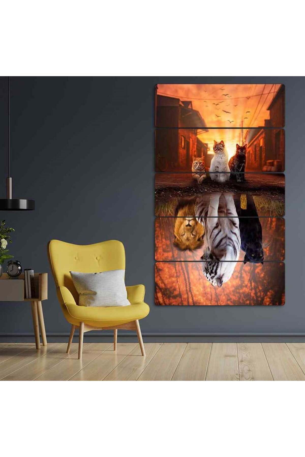 Kedigiller ve Yansımalar - 5 Parçalı Tablo