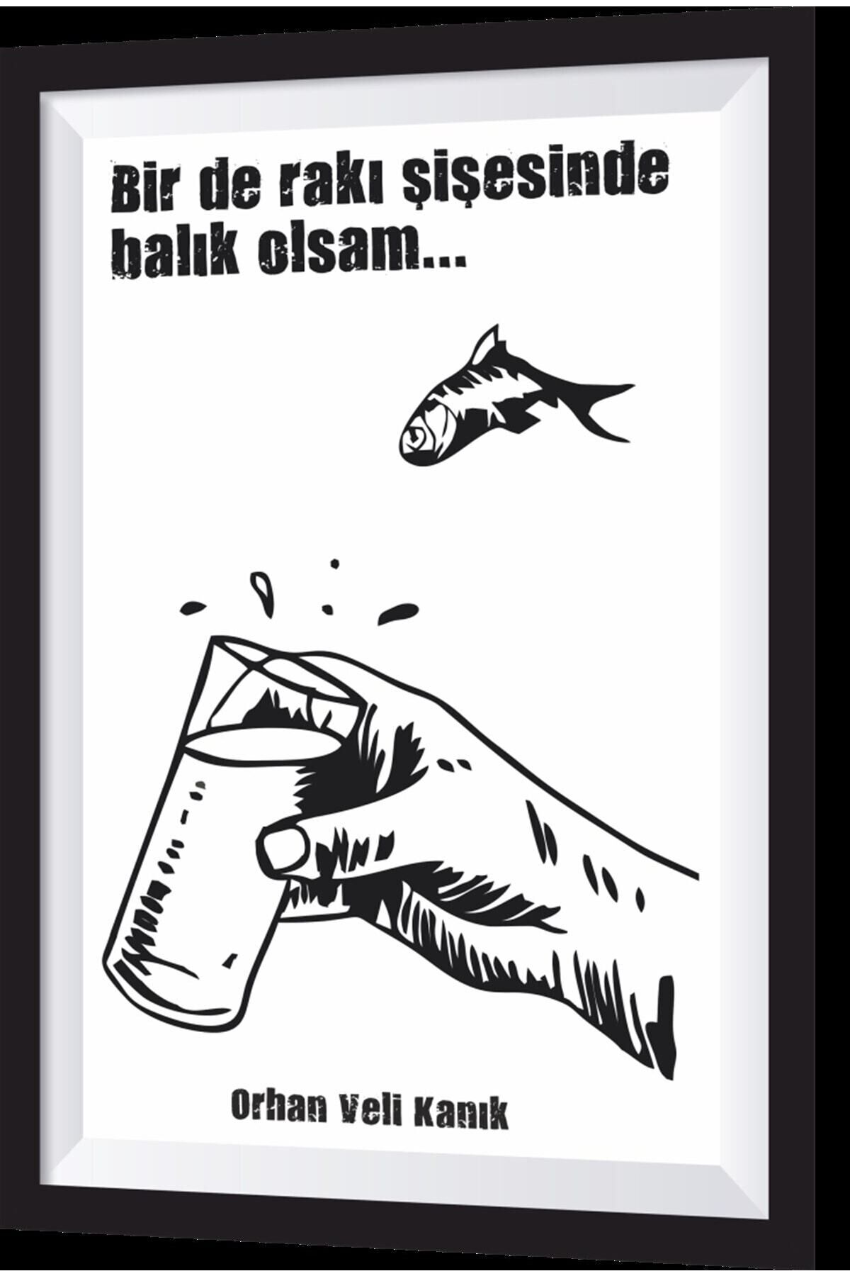 Şişesinde Balık Olsam Şiirli Sanatsal Çerçeveli Retro Ahşap Tablo