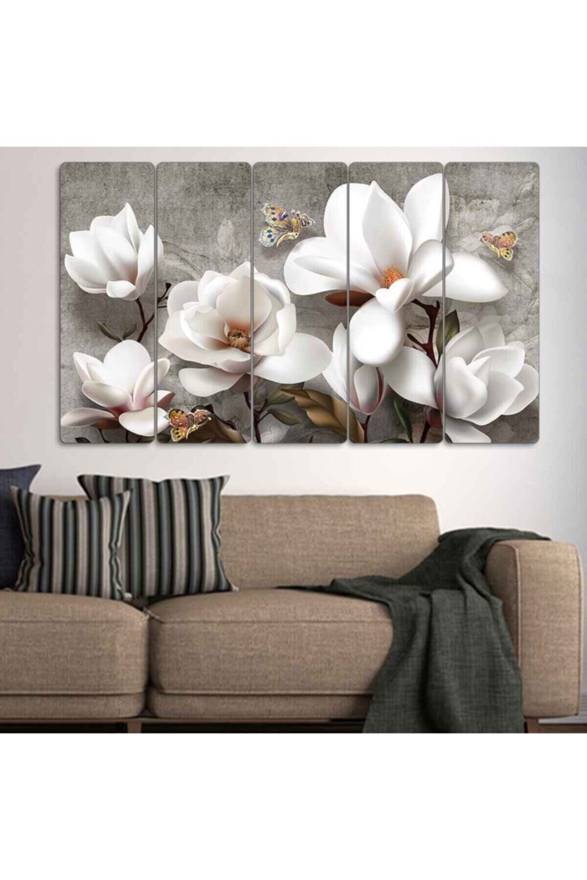 Beyaz Çiçekler, Kelebek - 5 Parçalı Tablo