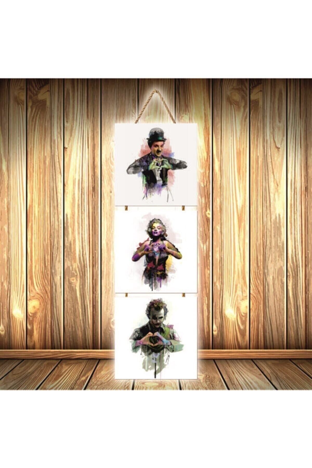 Charlie Chaplin Marilyn Monroe Joker Tasarımlı Üçlü Retro Ahşap Poster Ü356