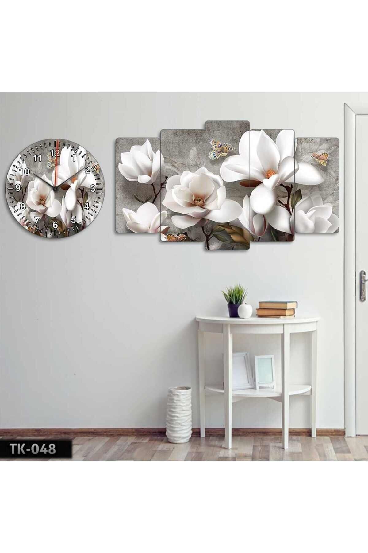 Modern Beyaz Çiçekler - Tablo Saat Kombini