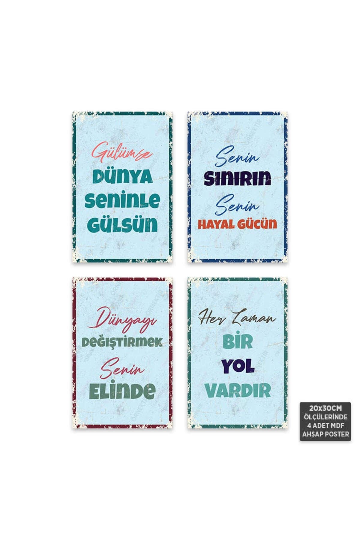 PS1122 - Türkçe Motivasyon İçerikli Retro Mdf Ahşap Poster Set (4 Adet - 20x30cm)