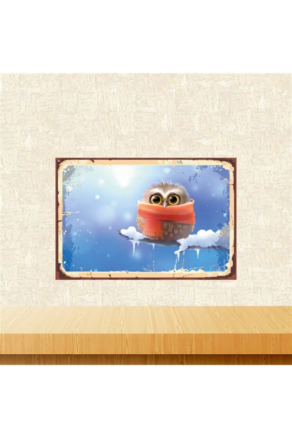 Üşüyen Baykuş Tasarımlı 20-30 cm Retro Ahşap Tablo Tkfx5390