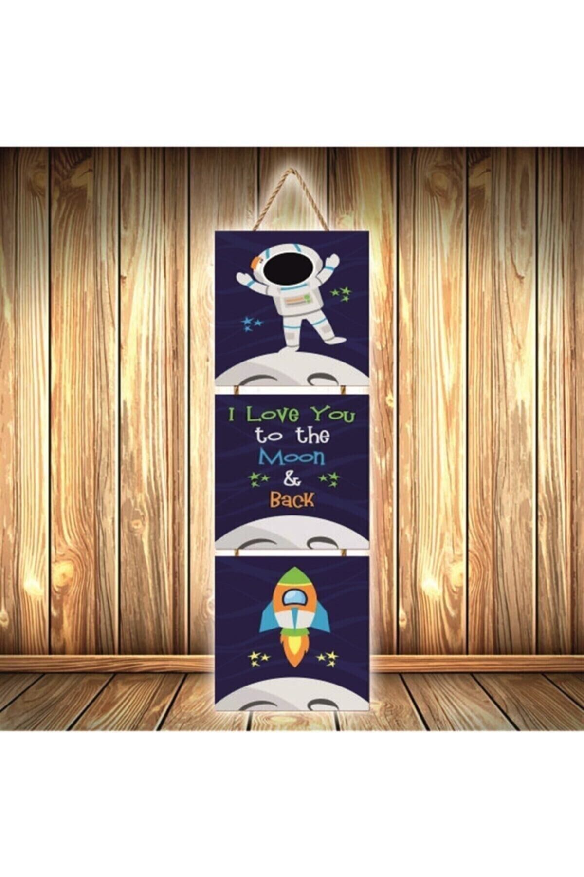 I Love You Moon Tasarımlı Üçlü Retro Ahşap Poster Ü474