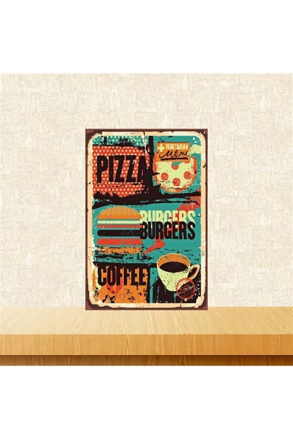 Pizza Burgers Retro Ahşap Poster 20-30 Cm