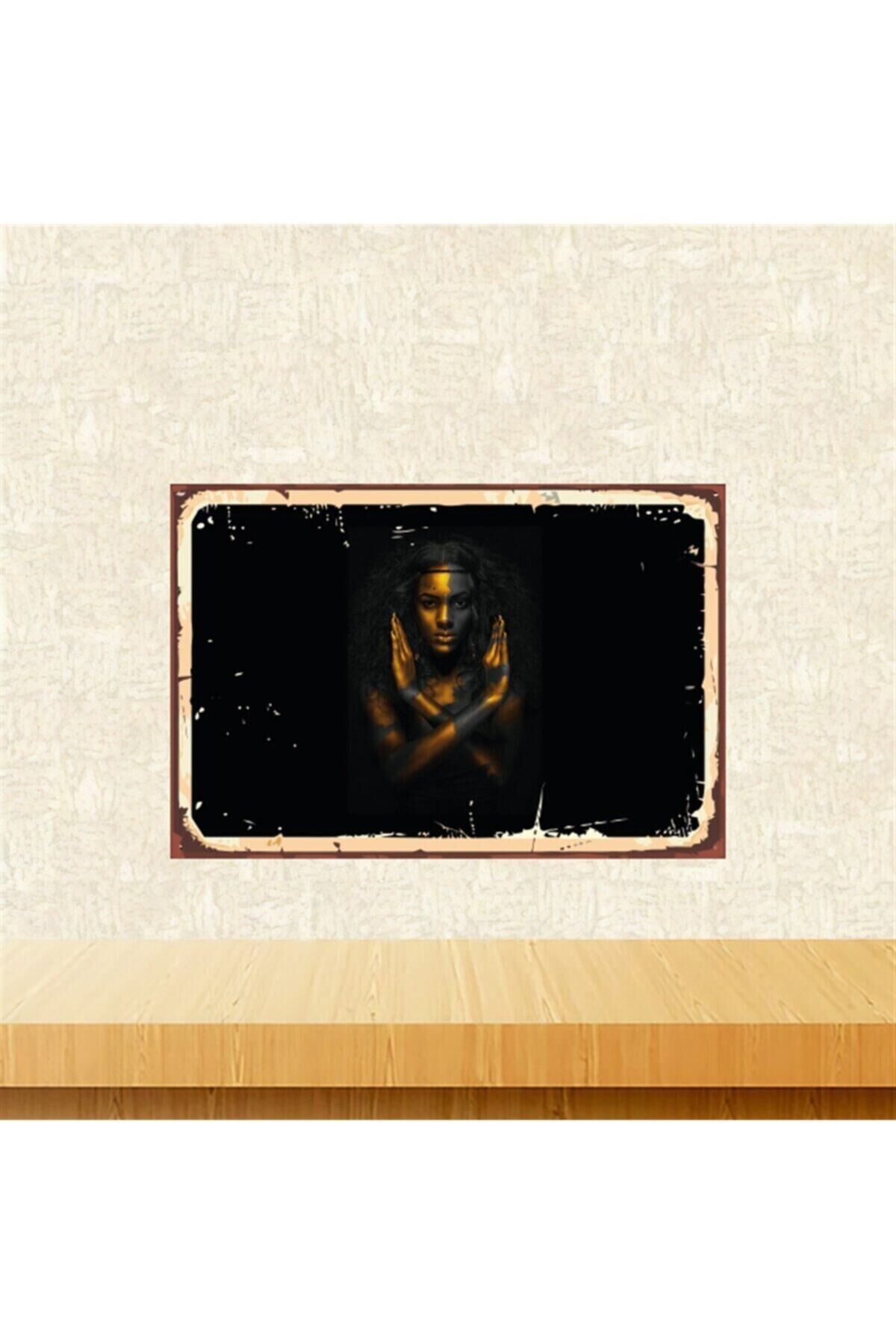 Gold - Siyah Kadın 20-30 Cm Retro Ahşap Tablo Tkfx5481