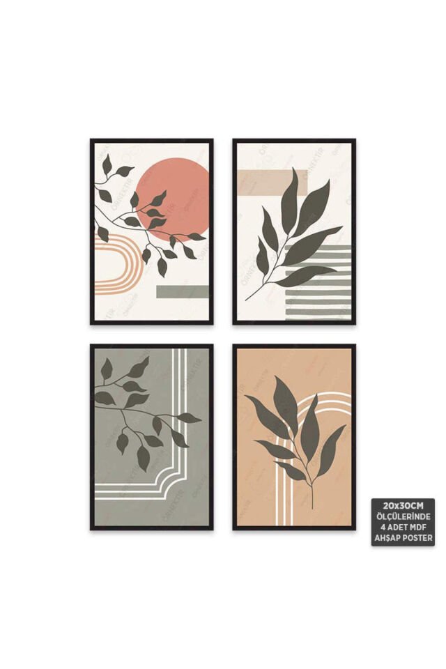 PS1024 - Çiçekli Modern Mdf Ahşap Poster Set (4 Adet - 20x30cm)