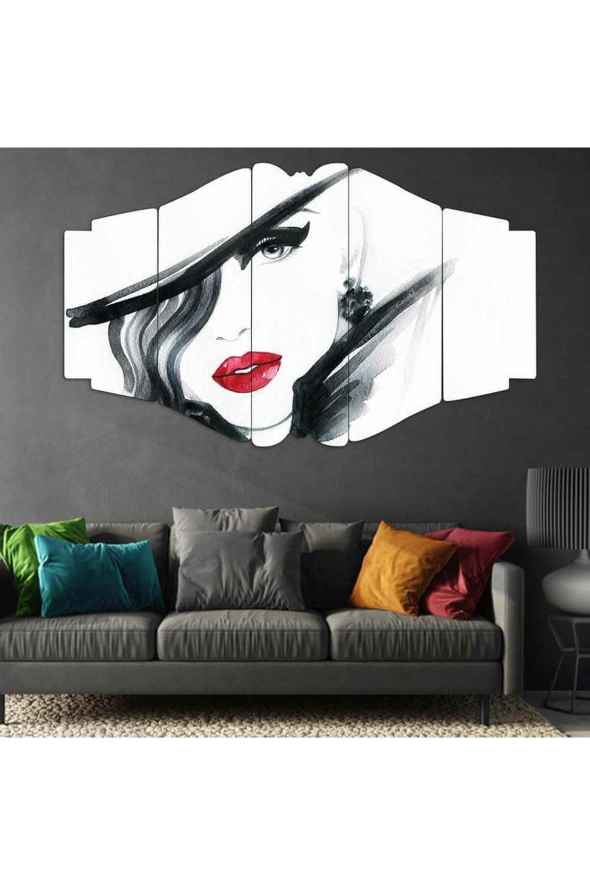 Kırmızı Rujlu Kadın - 5 Parçalı Tablo