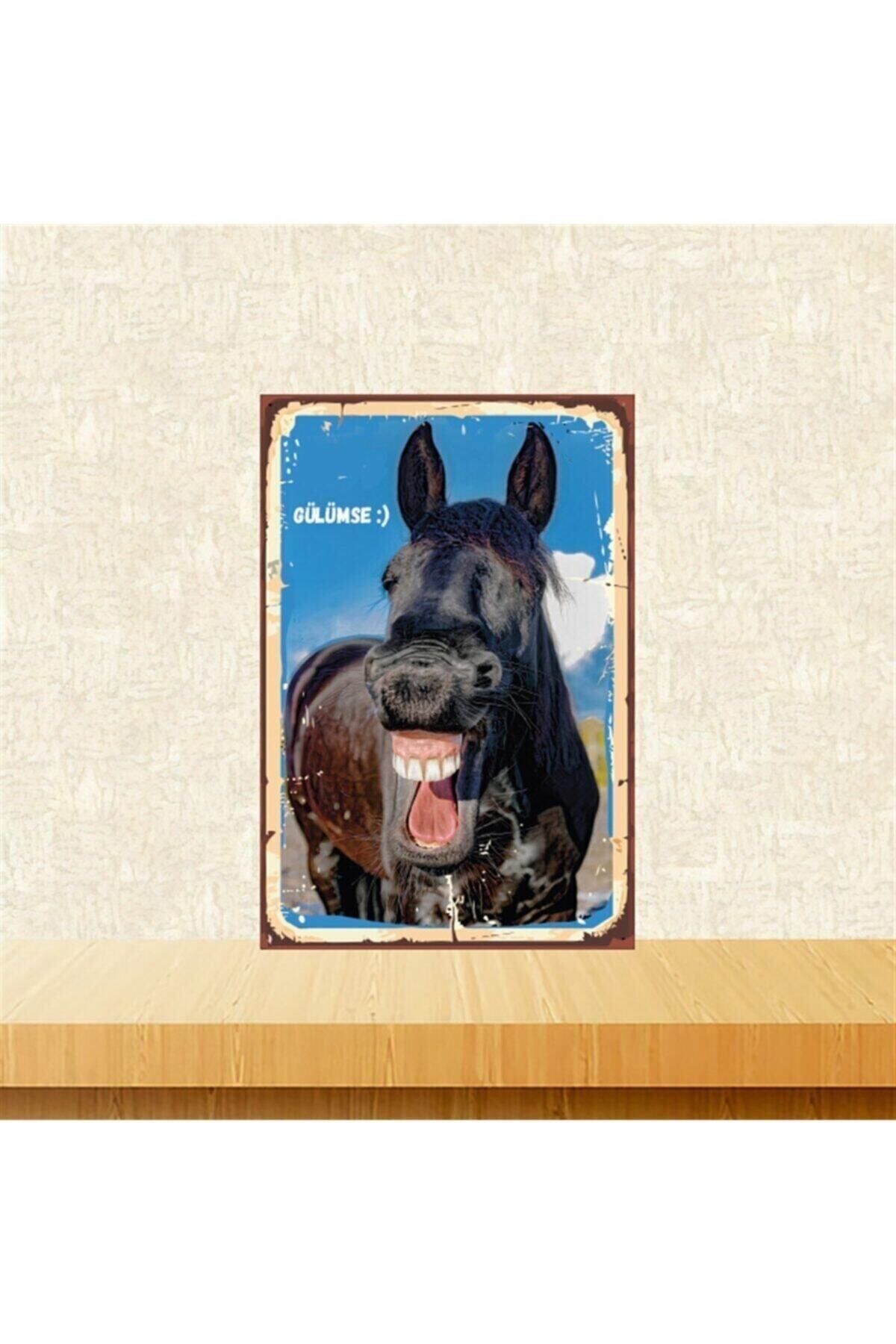Gülen At Tasarımlı 20-30 Cm Retro Ahşap Poster Tkfx4345