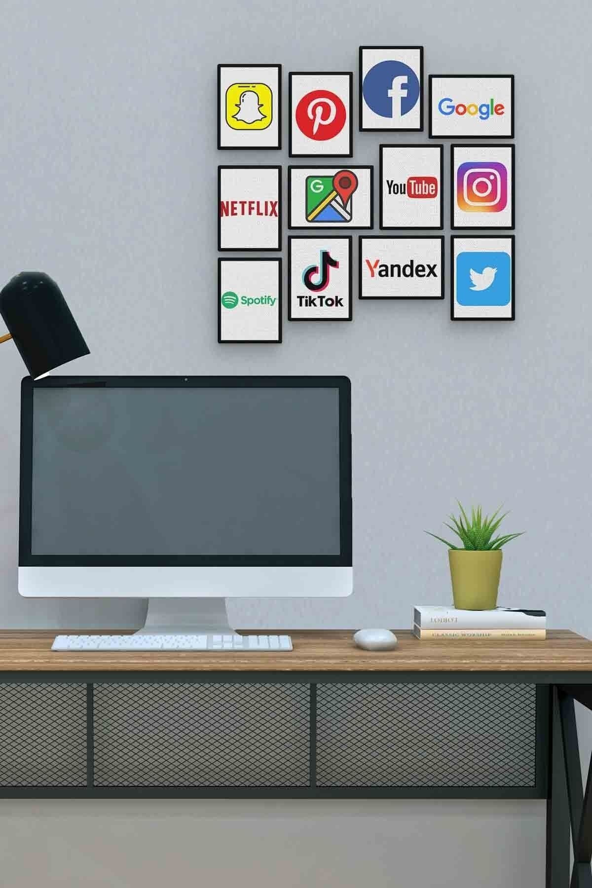 Sosyal Medya 12 Parça Mdf (ahşap) Tablo Ofis Boyu