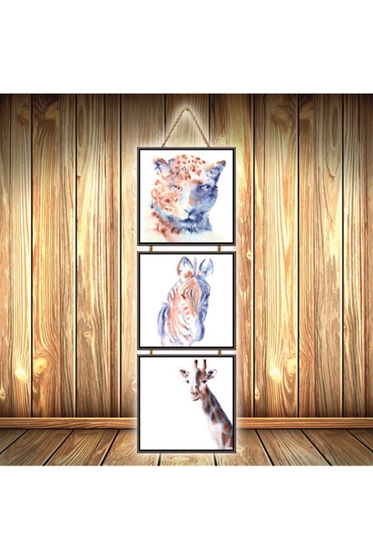 Hayvanlar Alemi Tasarımlı Üçlü Retro Ahşap Poster Ü516