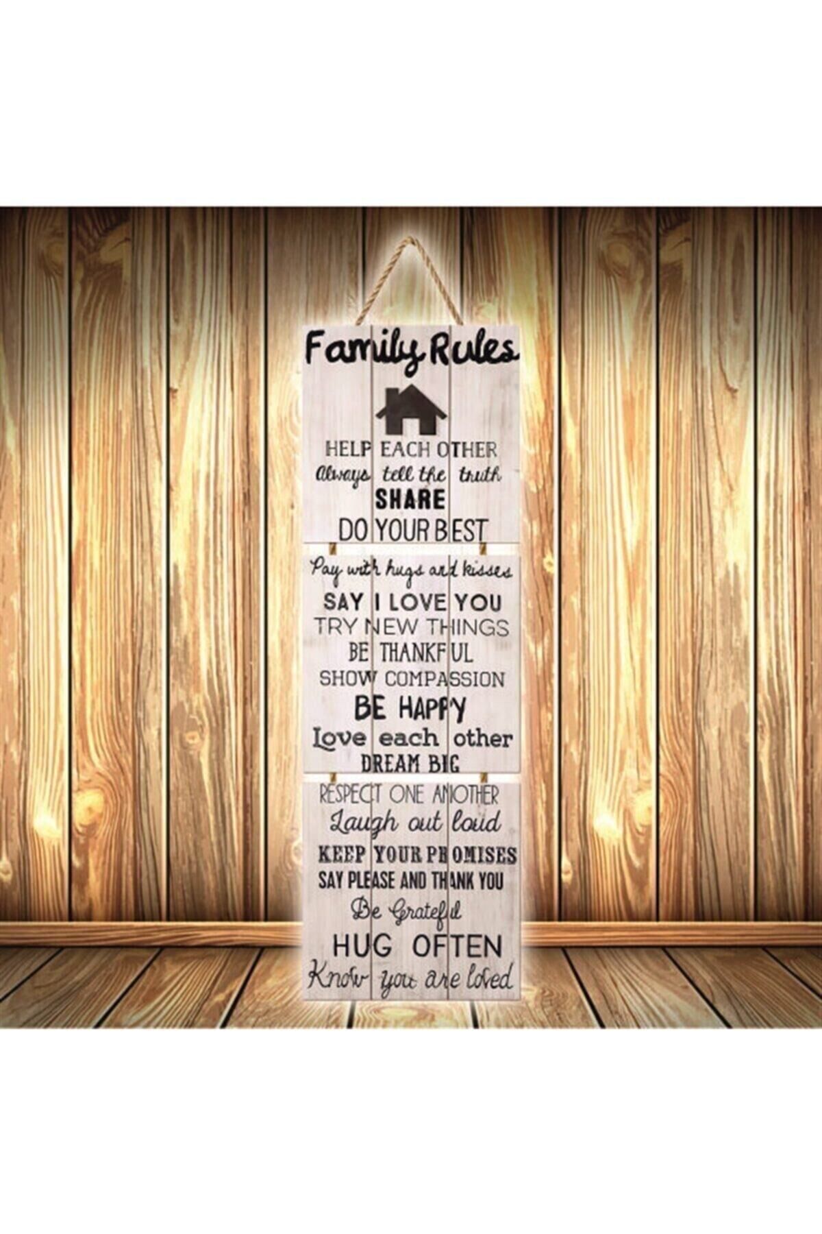 Family Rules Tasarımlı Üçlü Retro Ahşap Poster Ü499