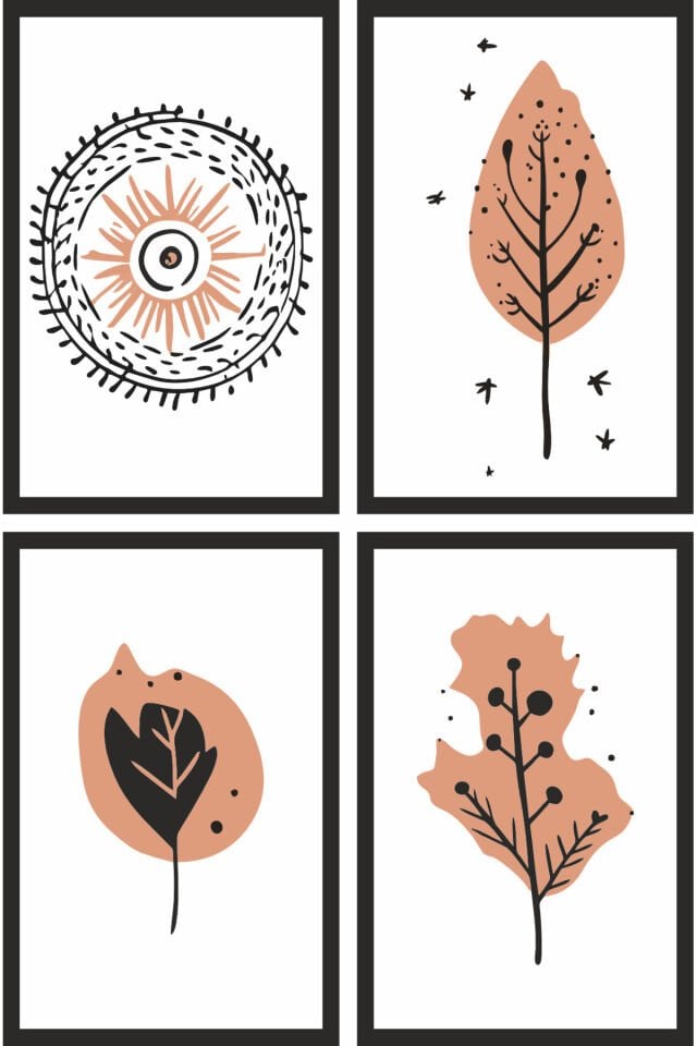 elle çizilmiş bohem tarz çiçekler ve dallar 24 adet çerçeve görünümlü mini ahşap tablo poster