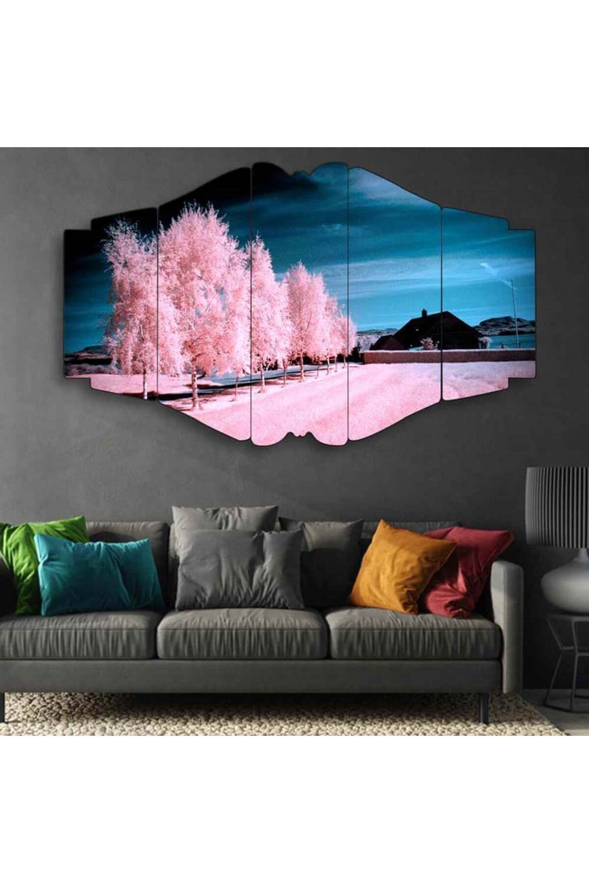 Pembe Ağaçlı Yol - 5 Parçalı Tablo