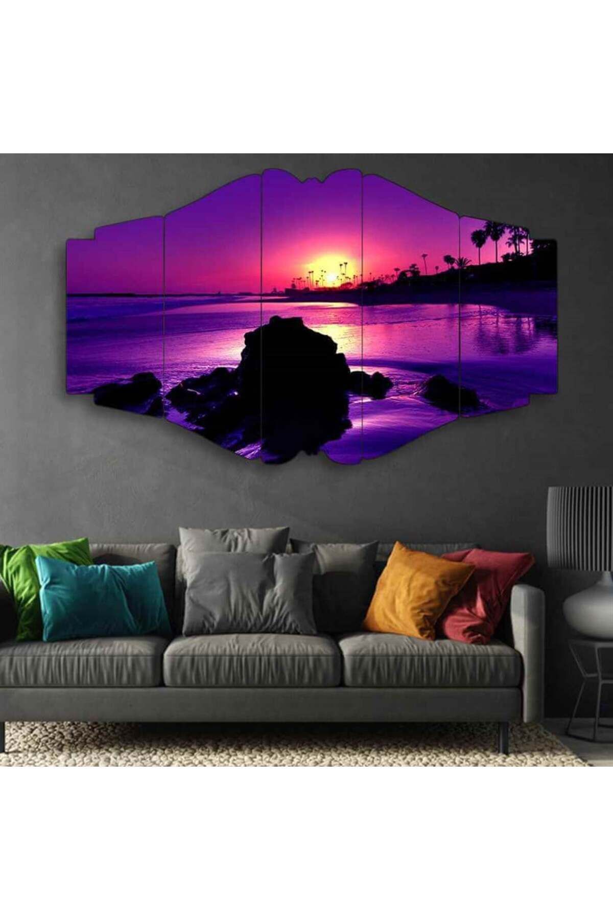 Mor Gün Batımı Sahili - 5 Parçalı Tablo