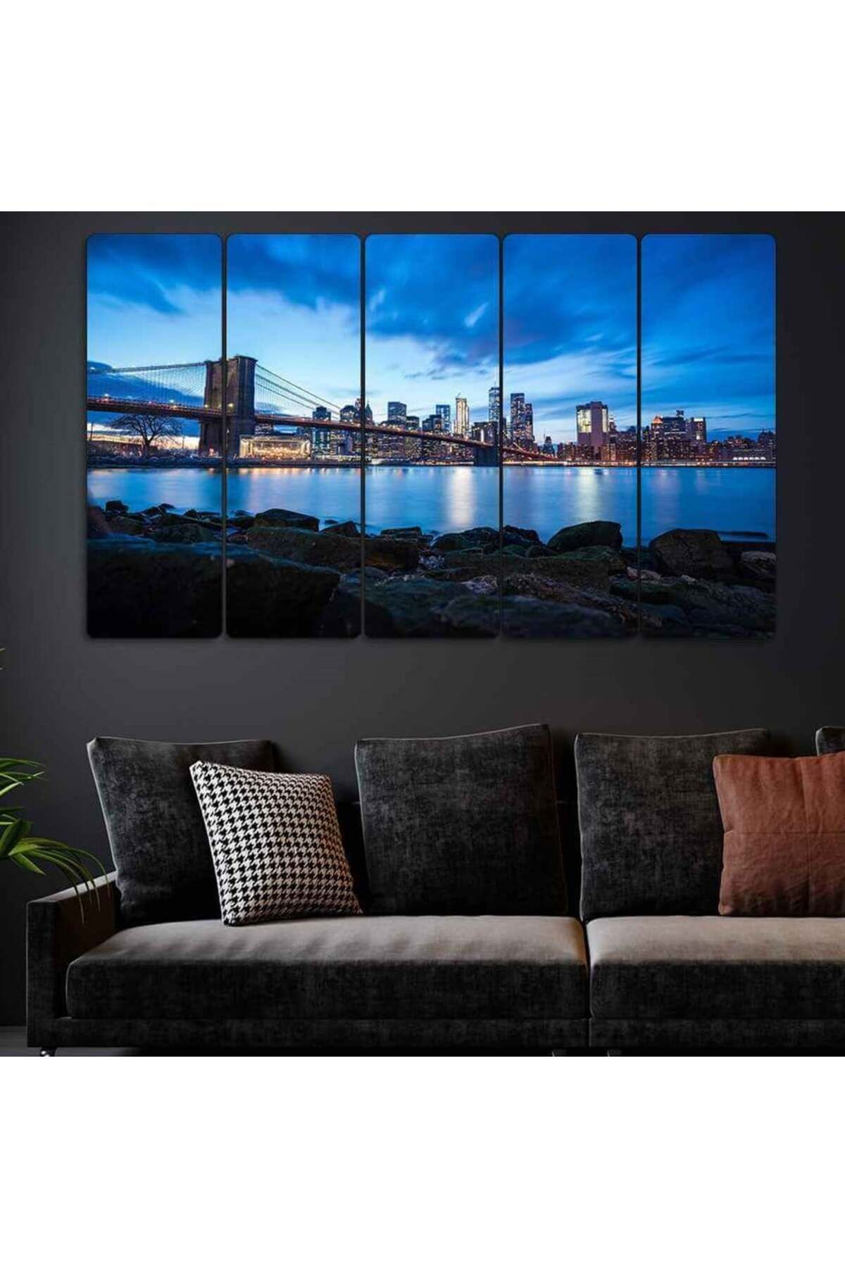 Brooklyn Köprüsü, Gece, Newyork, ABD - 5 Parçalı Tablo