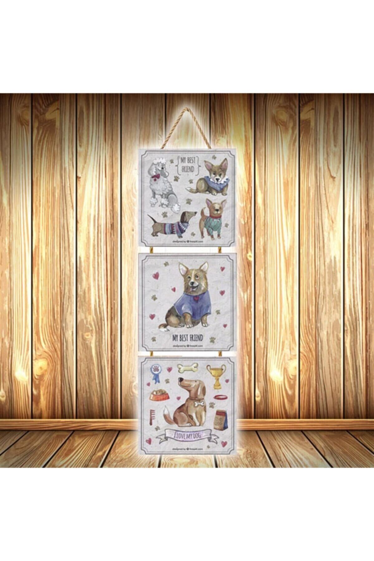 Sevimli Dostlar Tasarımlı Üçlü Retro Ahşap Poster Ü561
