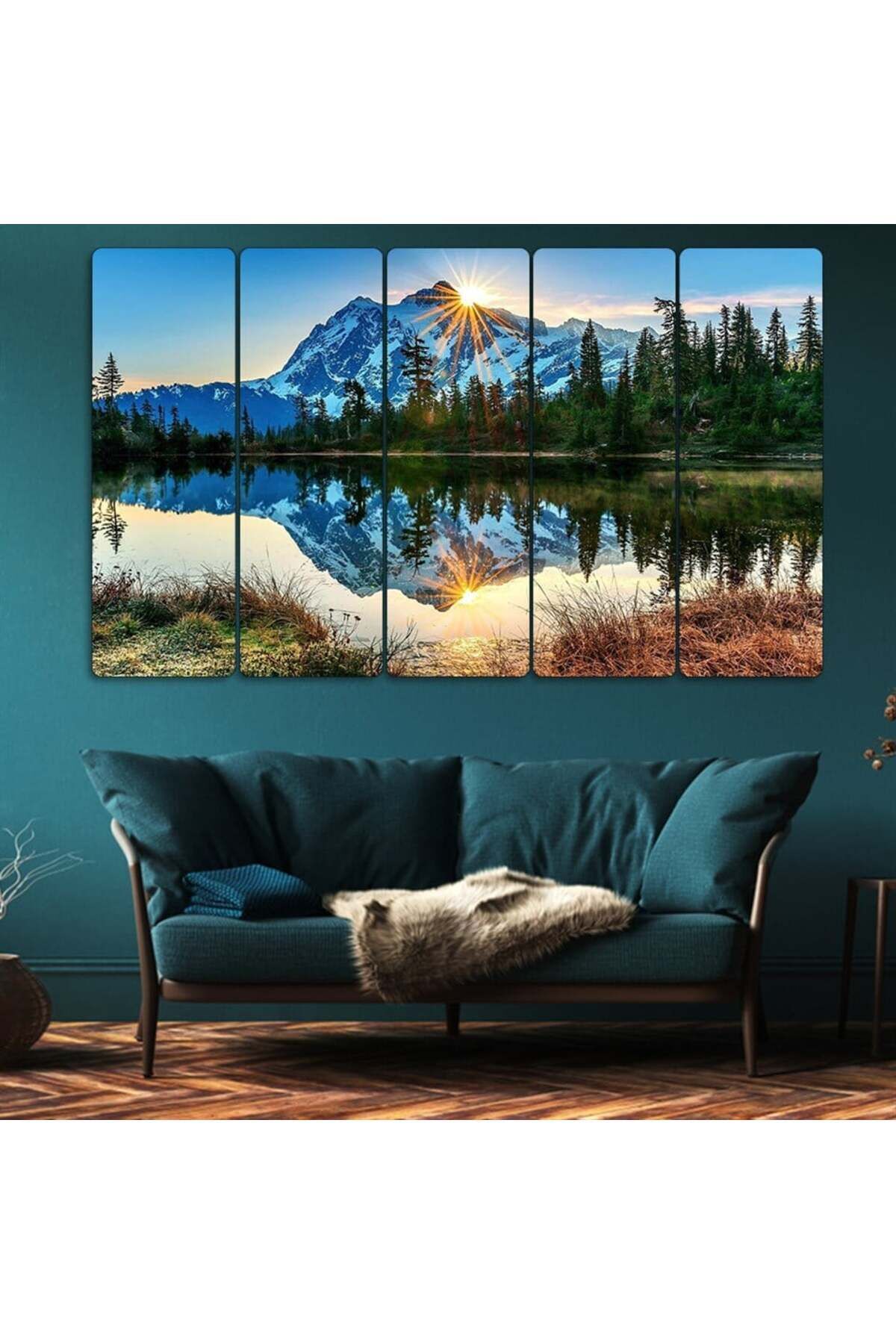 Göl Manzarası, Dağ, Güneş - 5 Parçalı Tablo