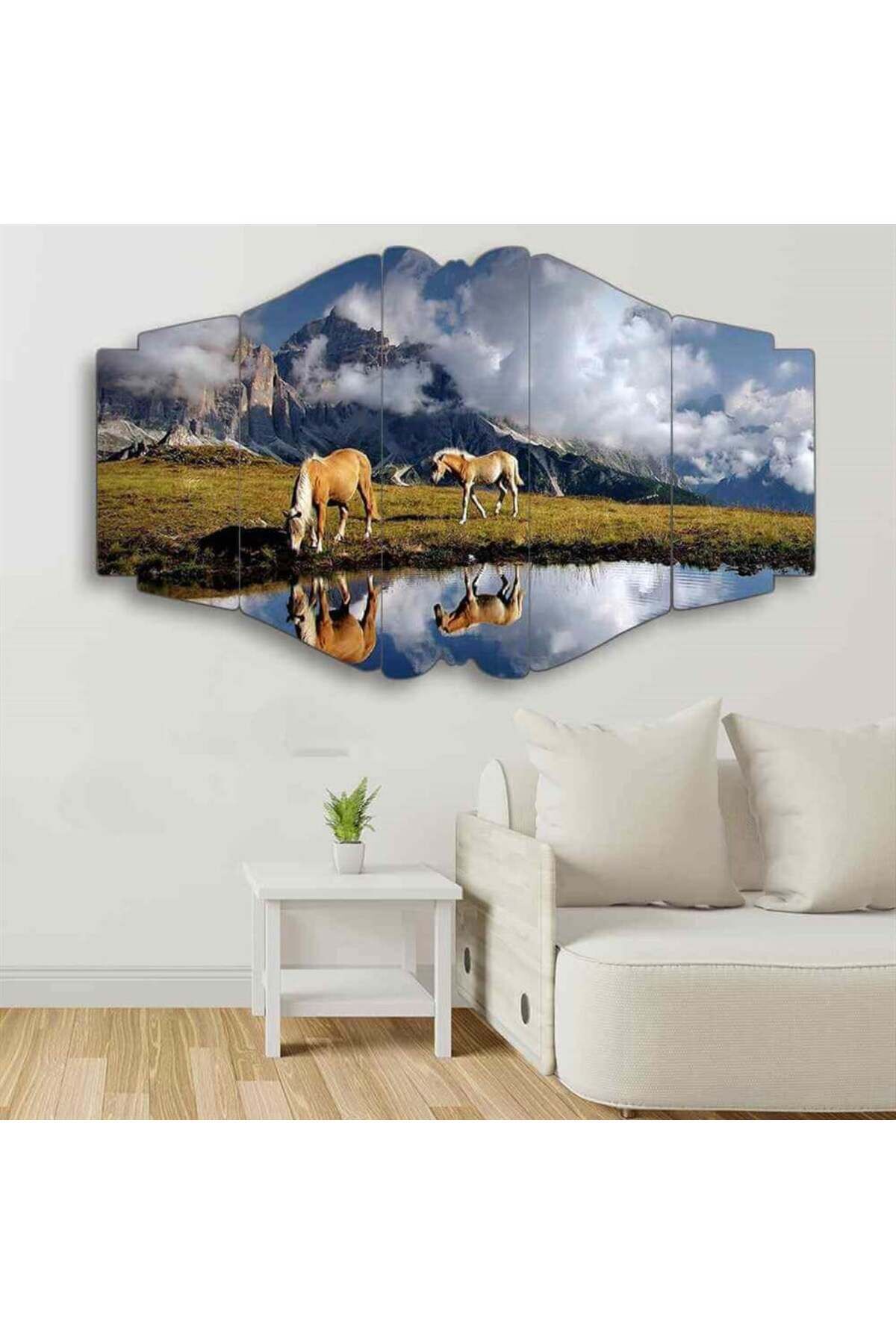 Dağdaki Atlar, Göl Manzarası - 5 Parçalı Tablo