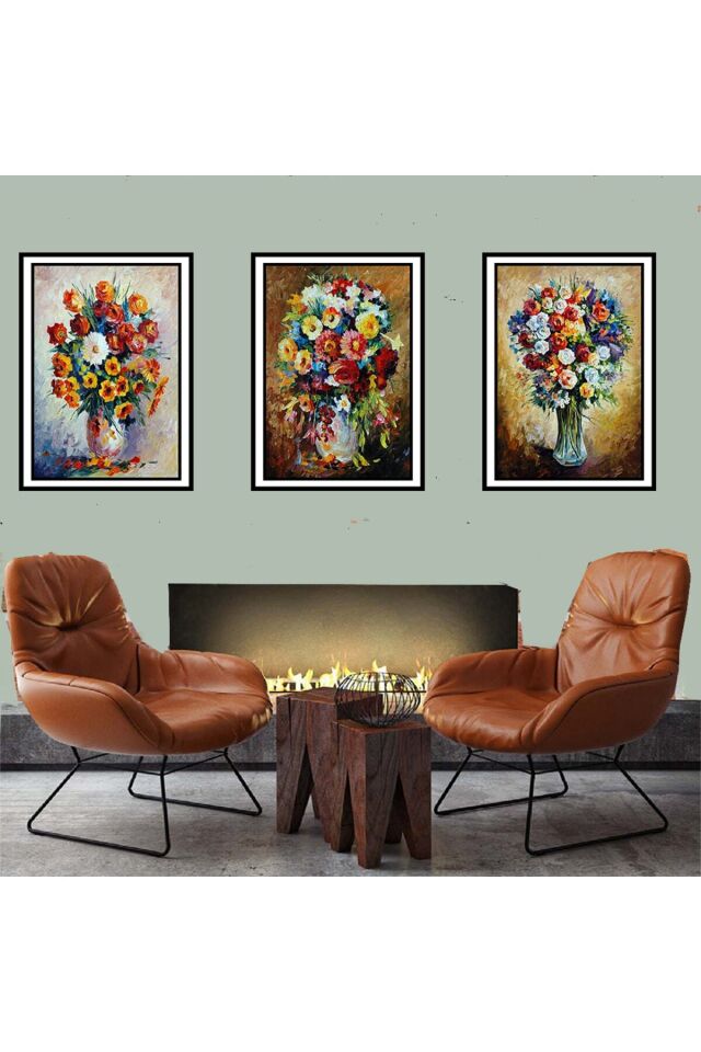 Vazo Çiçek Tasarımlı 3 Lü 20x30 cm Retro Ahşap Tablo