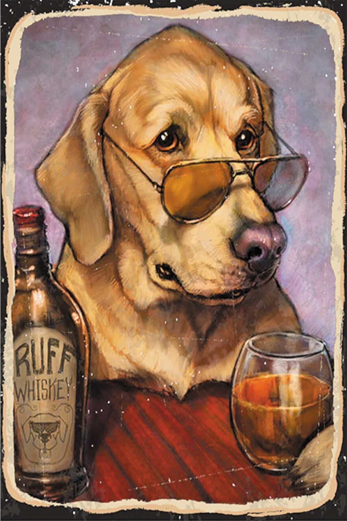 Köpek Görselli Retro Ahşap Poster
