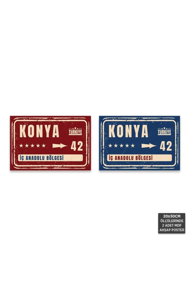 PS1081 - Konya Şehir Tabelası Retro Mdf Ahşap Poster Set (2 Adet - 20x30cm)