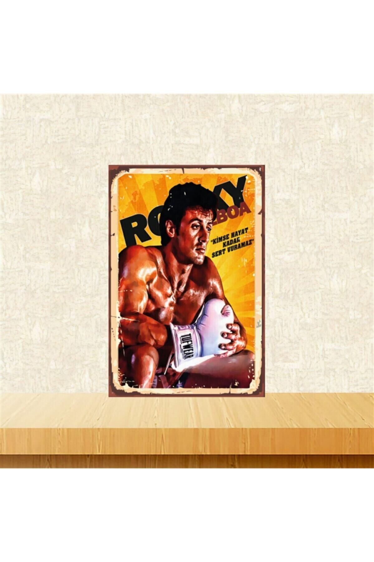 Sarı Rocky Kimse Hayat Kadar Sert Vuramaz Tasarımlı Retro Ahşap Tablo Tkfx5848