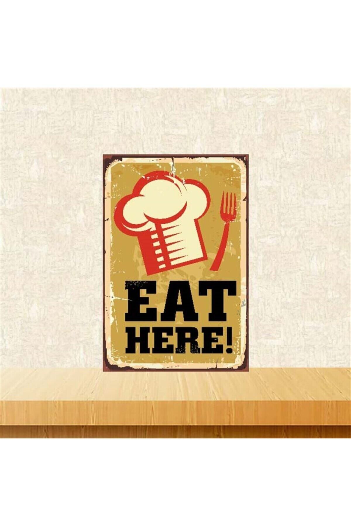 Eat Here 20-30 cm Retro Ahşap Poster Tkfx4019