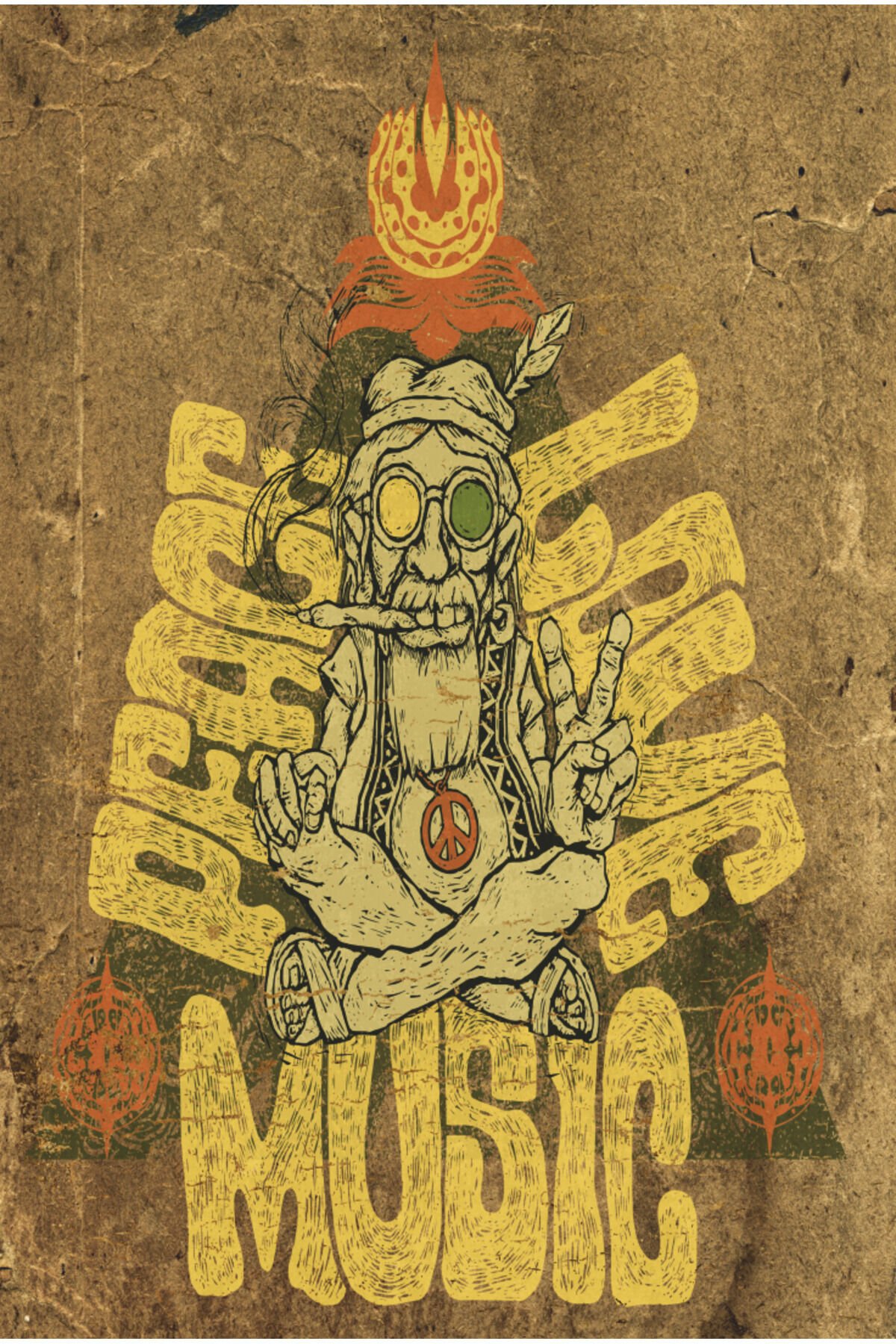 barış aşk müzik yoga hippi baba bohem retro ahşap poster