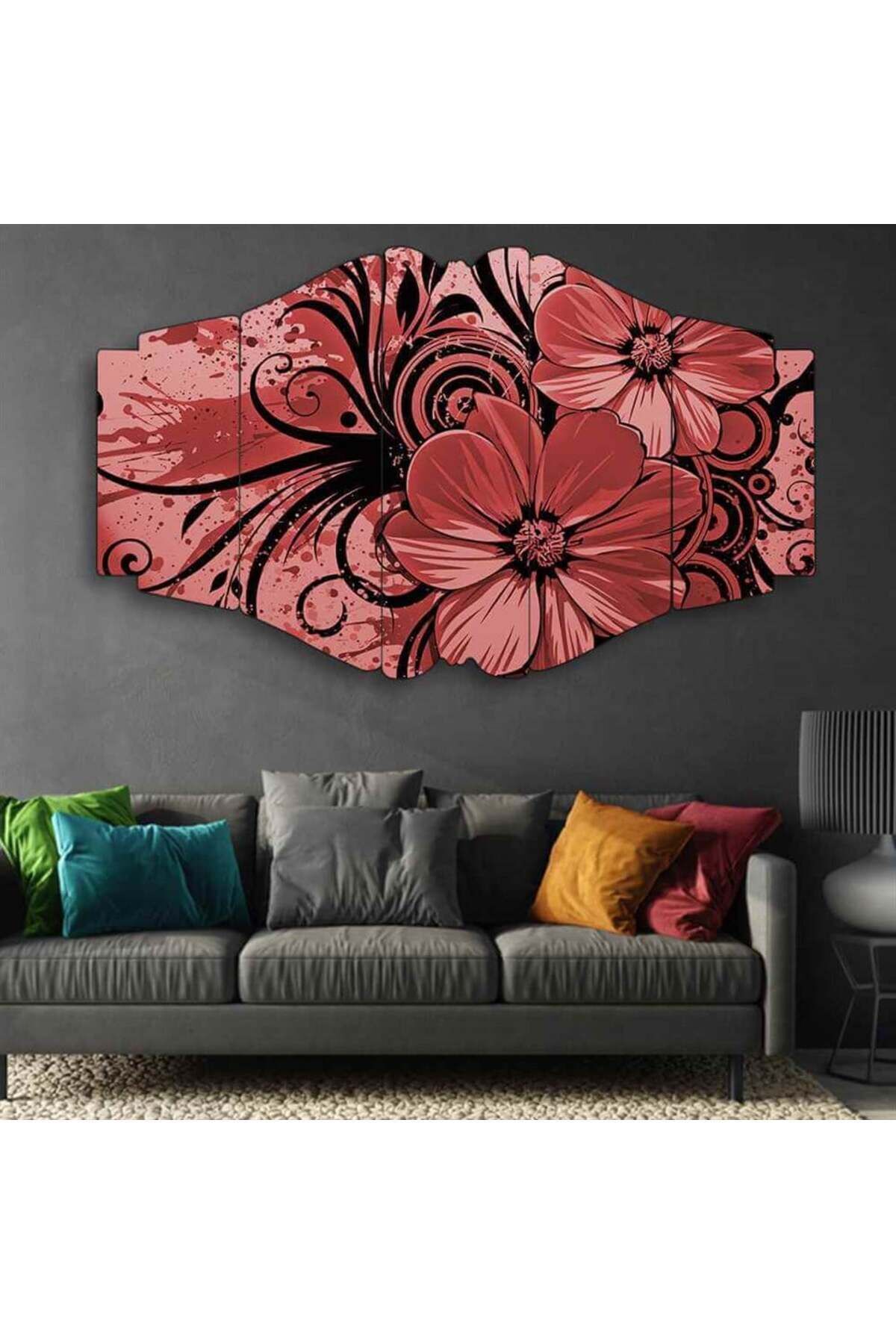 Kırmızının Çiçekle Dansı - 5 Parçalı Tablo