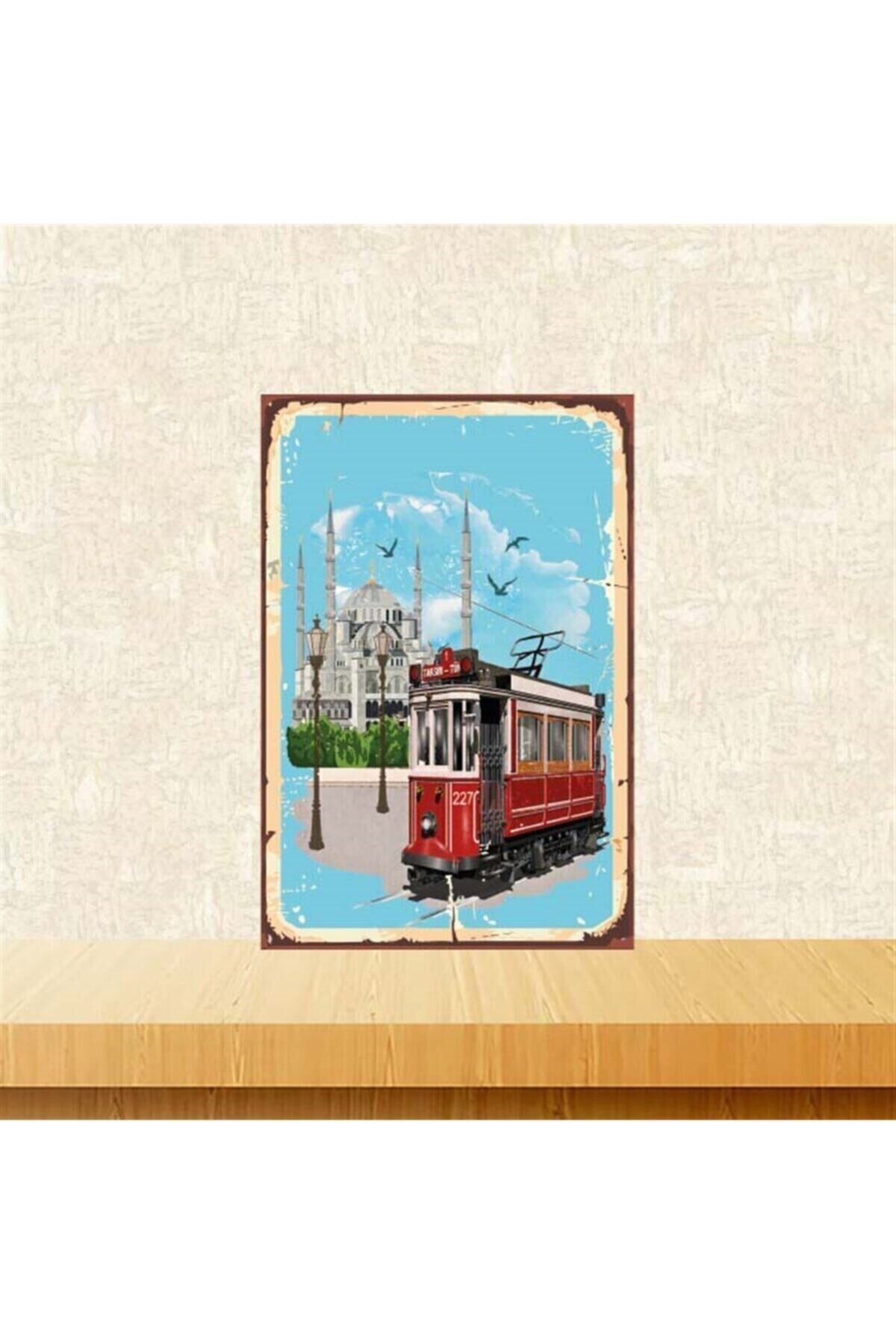 Mavi İstanbul Baskılı Retro Ahşap Poster Tkfx4240