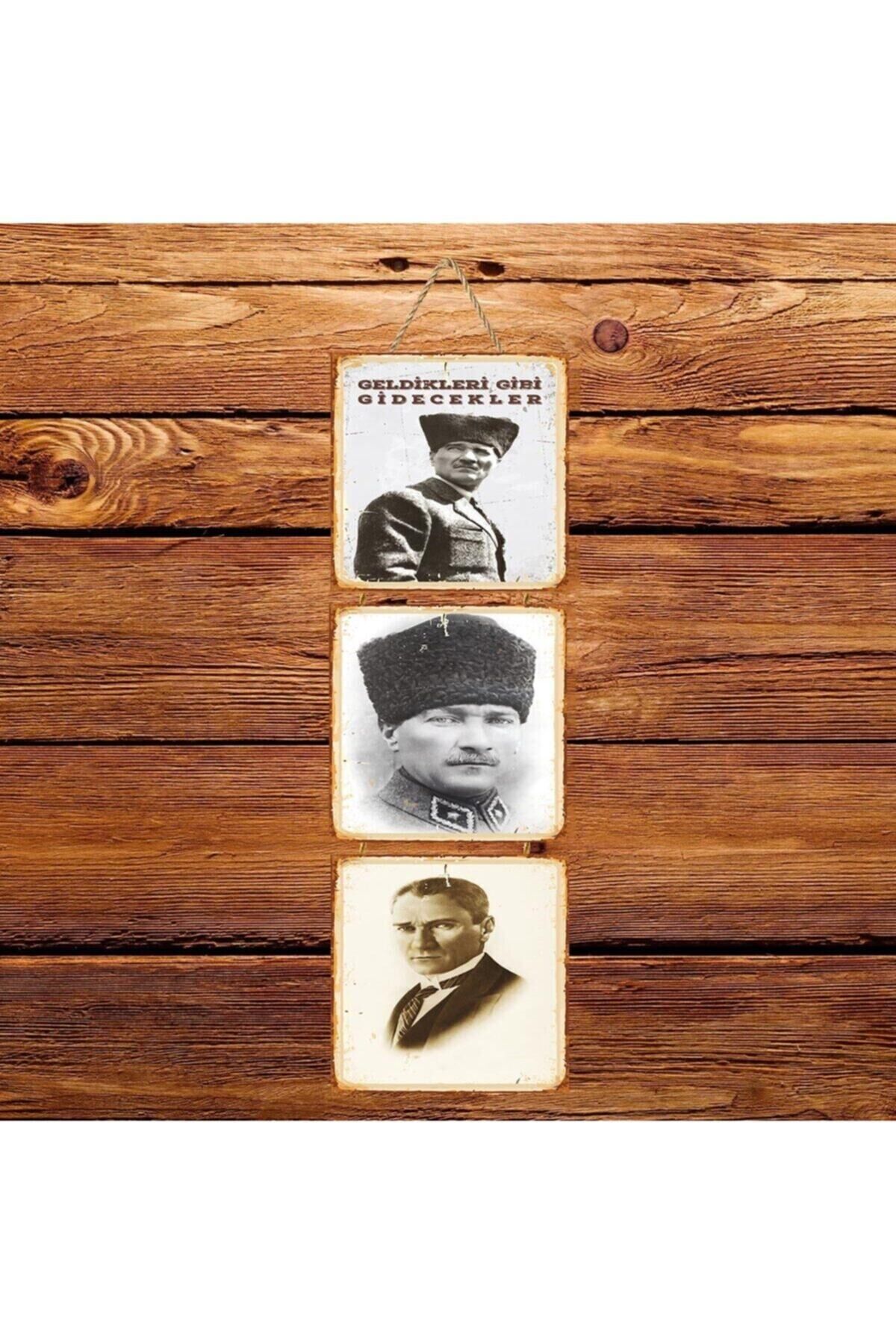 Atatürk Geldikleri Gibi Gidecekler Üçlü Retro Ahşap Poster