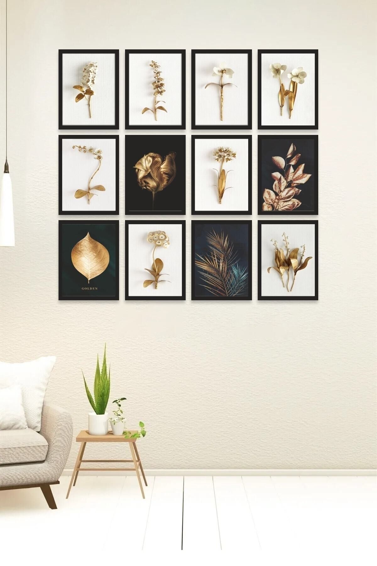 12 Parça Ahşap Tablo Seti - Gold Yapraklar Salon Oturma Yatak Odası Için Mdf Duvar Dekoru