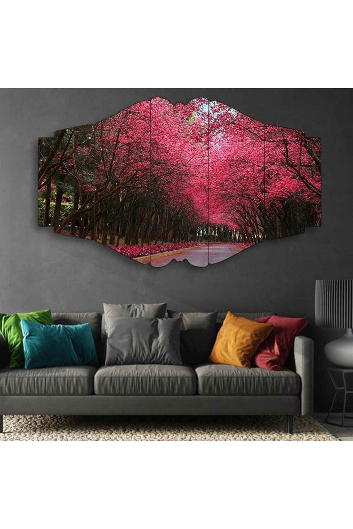 Pembe Çiçek Tüneli - 5 Parçalı Manzara Tablo