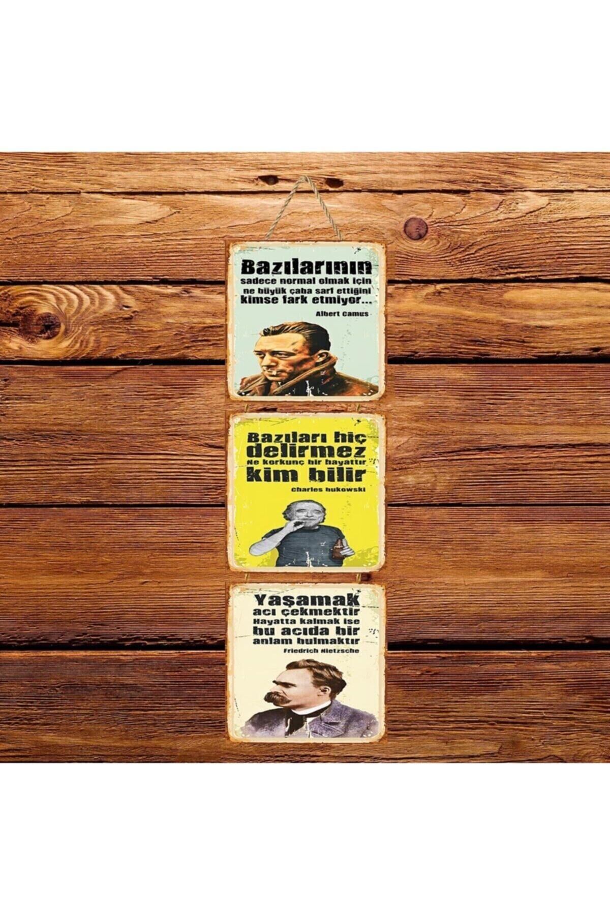 Camus Bukowski Nietzsche Üçlü Retro Ahşap Poster