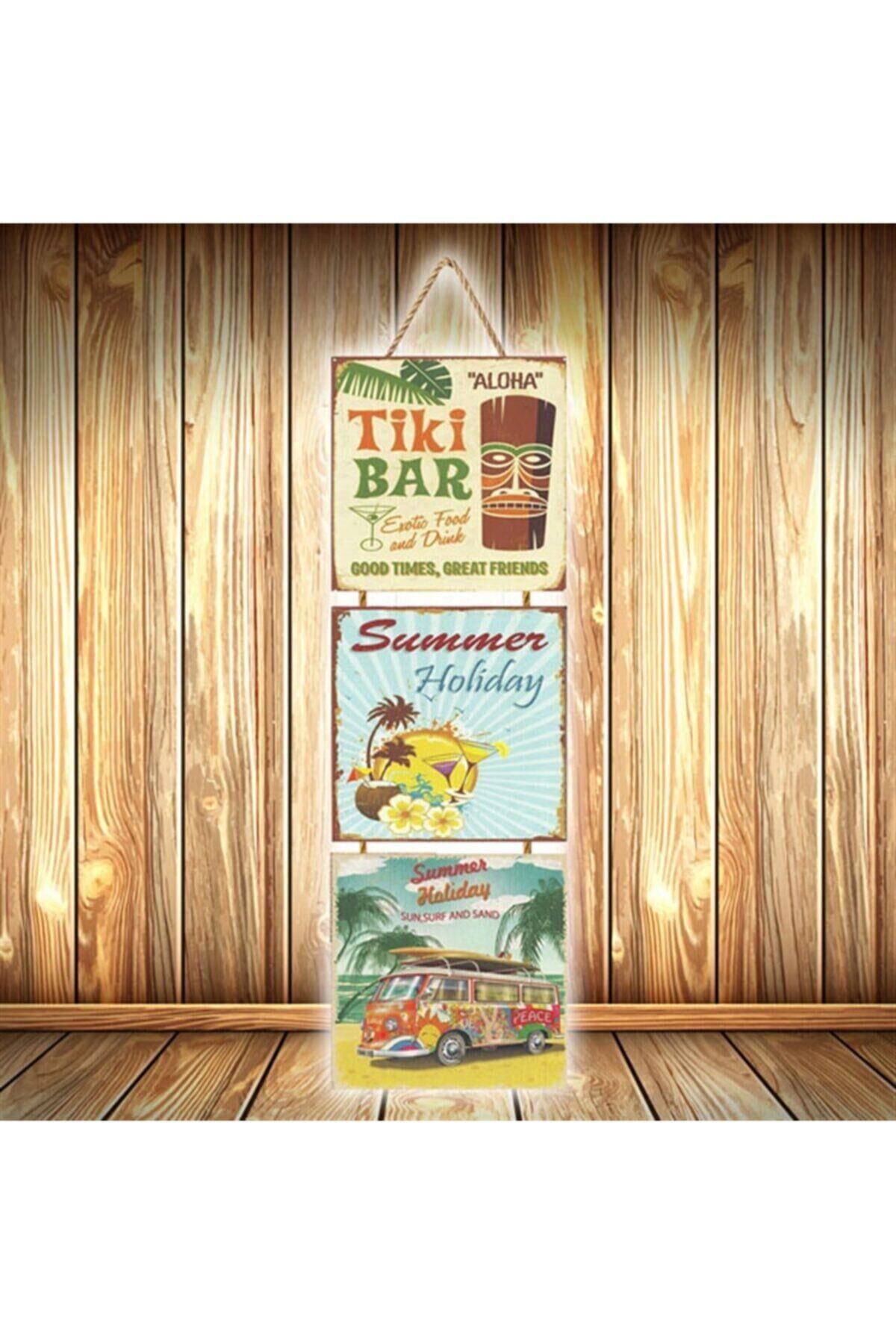 Summer Holiday Tasarımlı Üçlü Retro Ahşap Poster Ü541