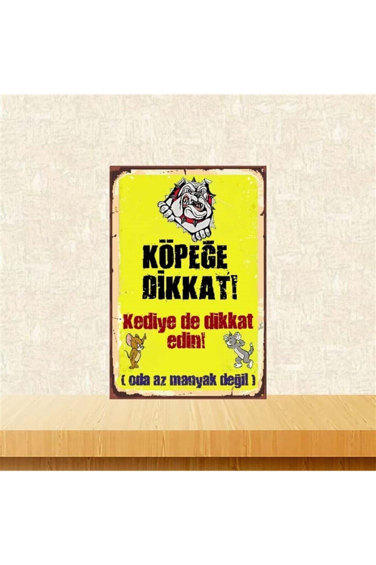 Köpeğe Dikkat Kediye De Dikkat 20-30 Cm Retro Ahşap Poster