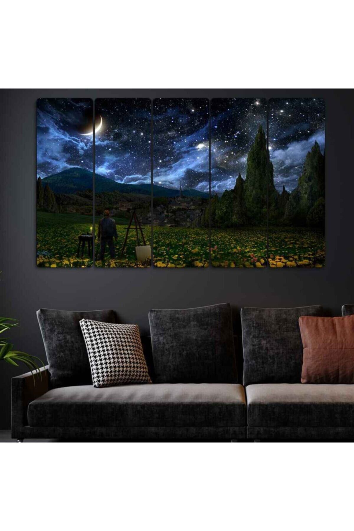 Yıldızlı Gece, Gökyüzü - 5 Parçalı Tablo