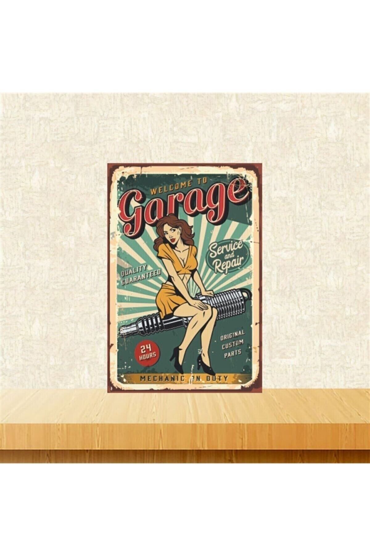 Welcome To Garage 20-30 Cm Retro Ahşap Tablo Tkfx5253