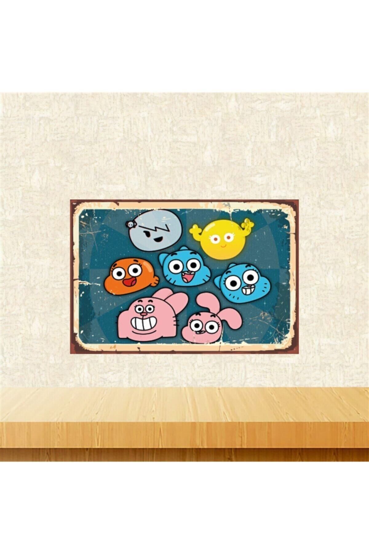 Gumball Sevimli Karakterleri Tasarımlı 20-30 Cm Retro Ahşap Tablo Tkfx5667
