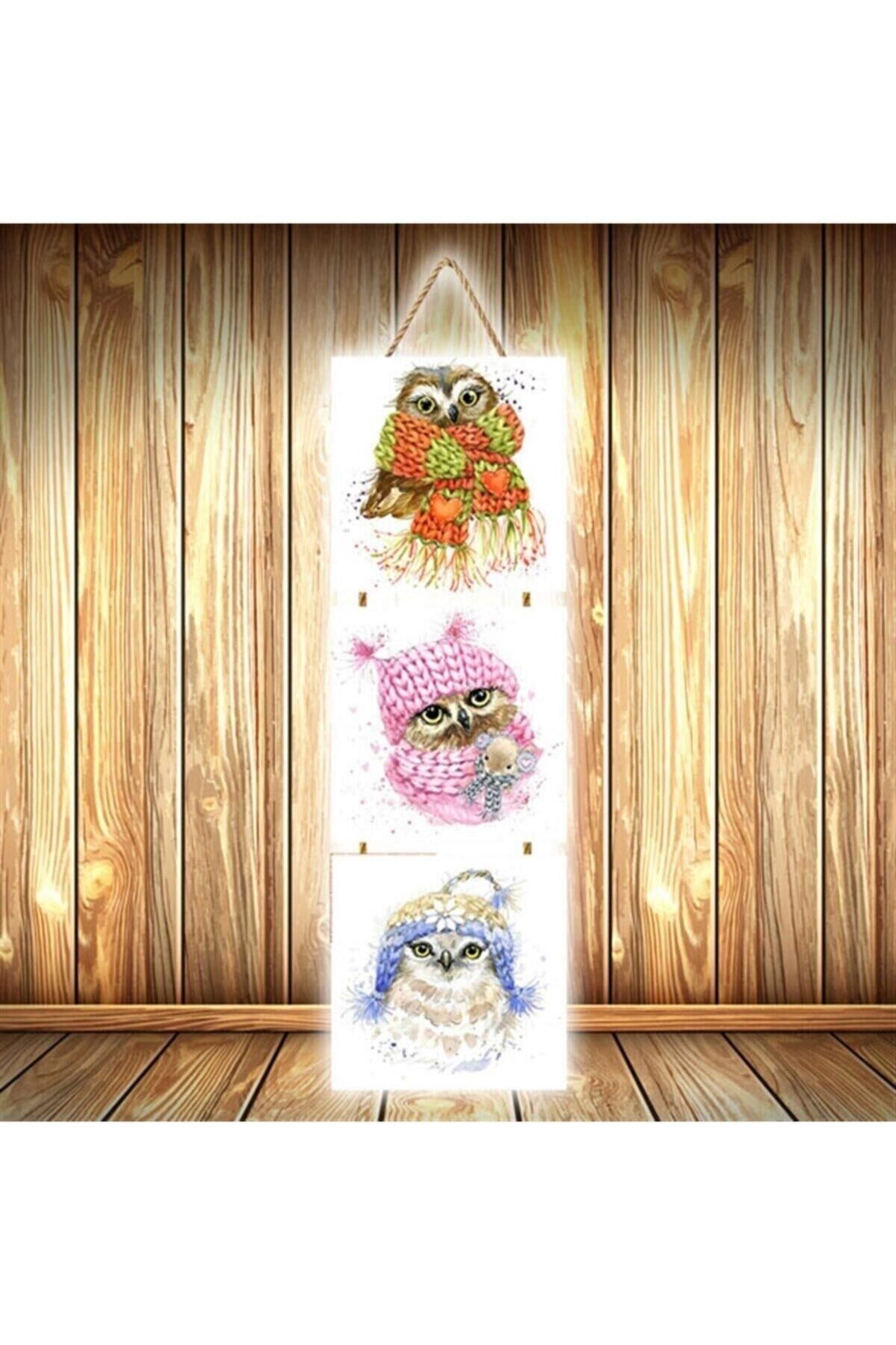 Kış Baykuşları Tasarımlı Üçlü Retro Ahşap Poster Ü545