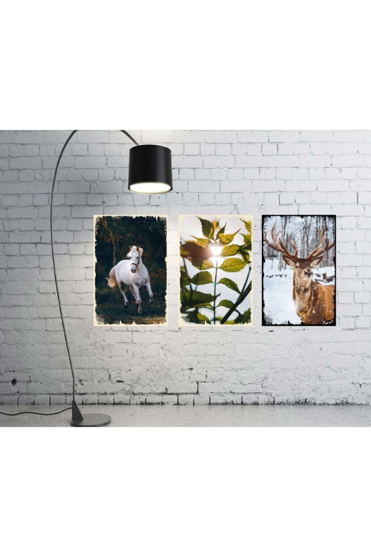 Geyik,at Ve Yaprak Görsellerinden Oluşan 3 Lü Retro Ahşap Poster Seti