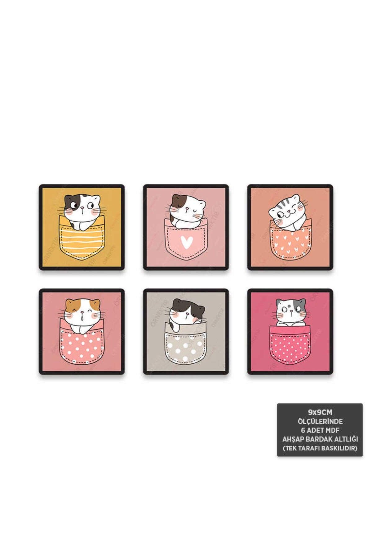 BA1017 - Sevimli Kediler Mdf Ahşap Bardak Altlığı Seti (6 Adet - 9x9cm)