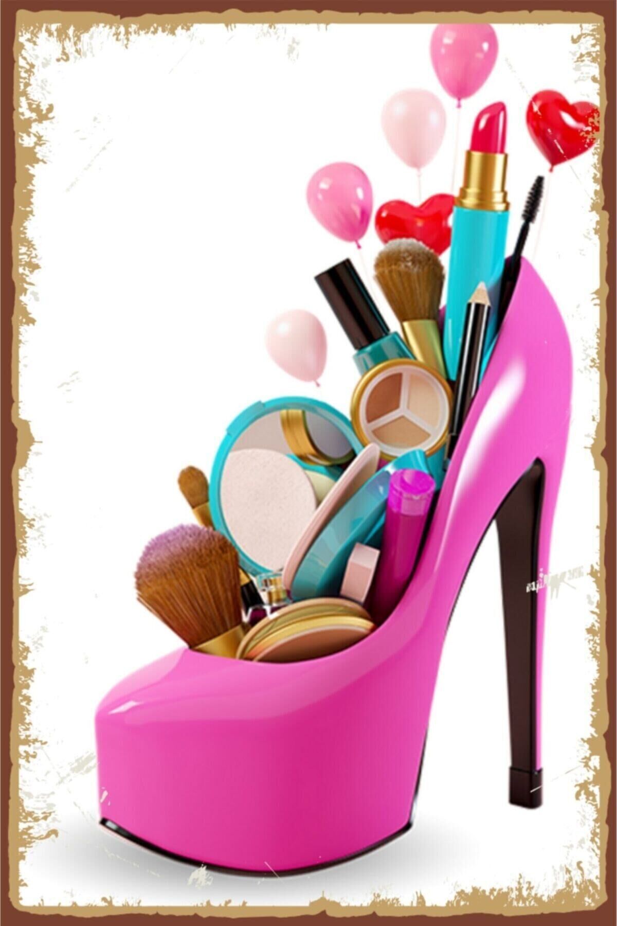 Makyaj & Ayakkabı Görselli Retro Ahşap Poster