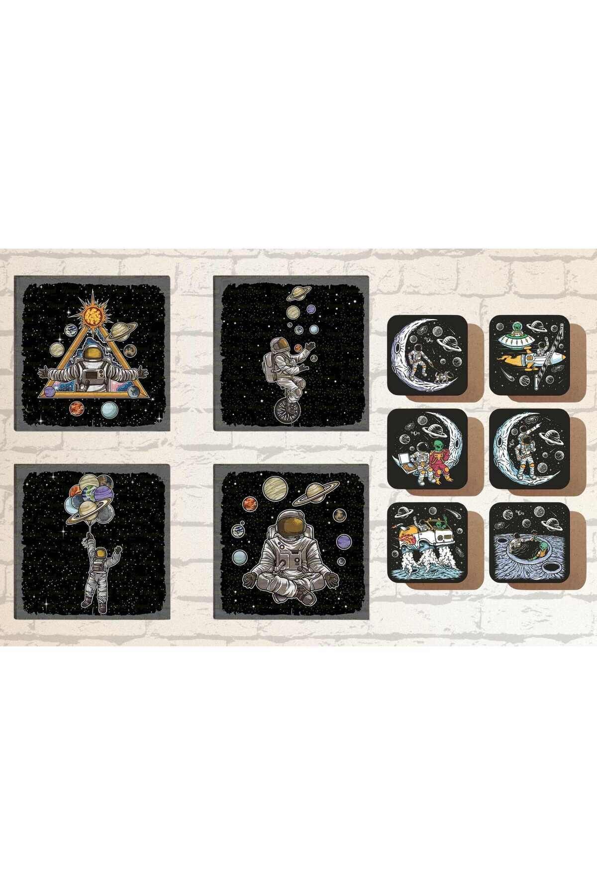 Astronot ve Gezegenler Temalı 4 lü Tablo ve 6 lı Bardak Altlığı Set