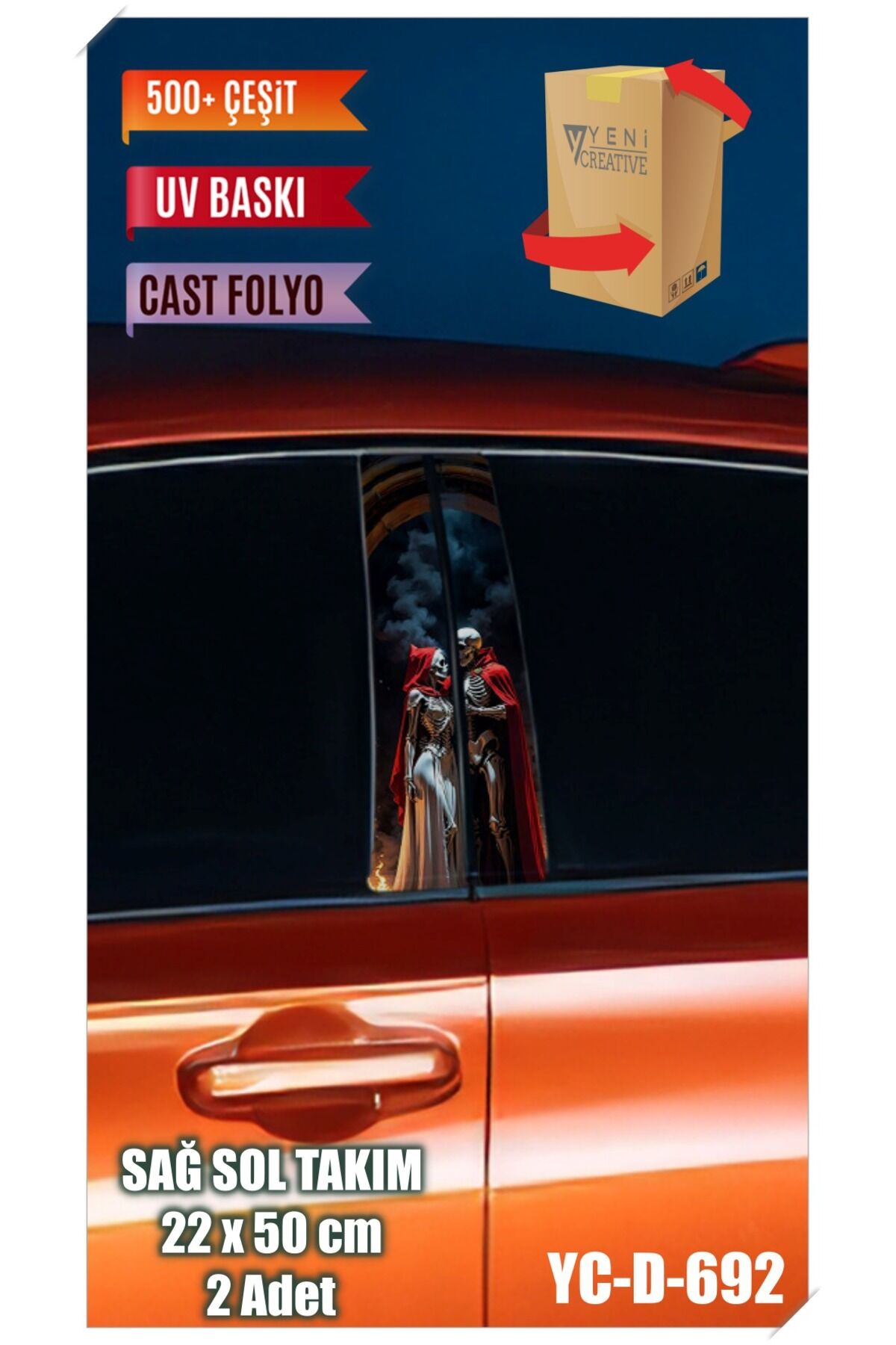 Araç Kapı Direk Kaplama Folyosu Kuru Kafa Desenli (SAĞ SOL TAKIM) (2 ADET) - 22x50 Cm