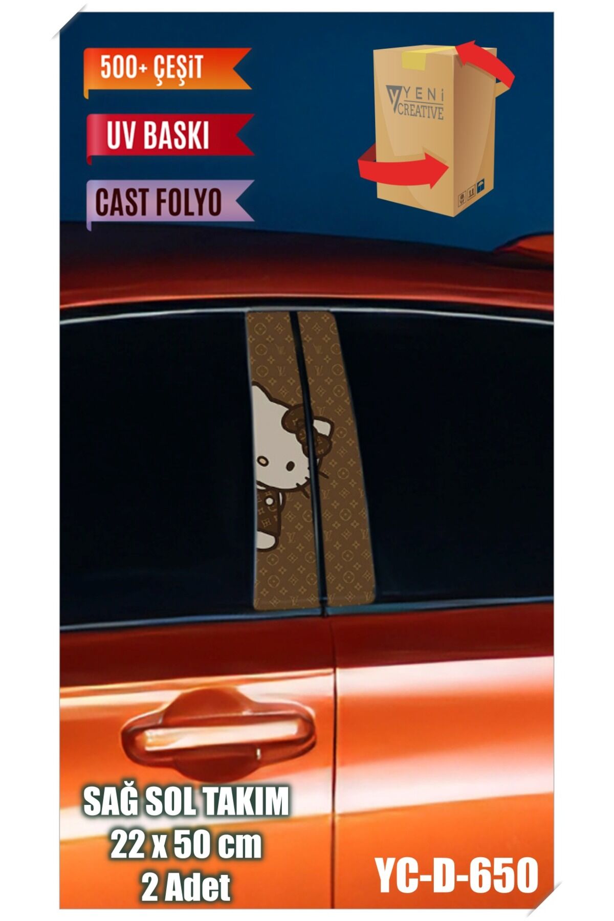 Araç Kapı Direk Kaplama Folyosu Hello Kity & VL Desenli (SAĞ SOL TAKIM) (2 ADET) - 22x50 Cm