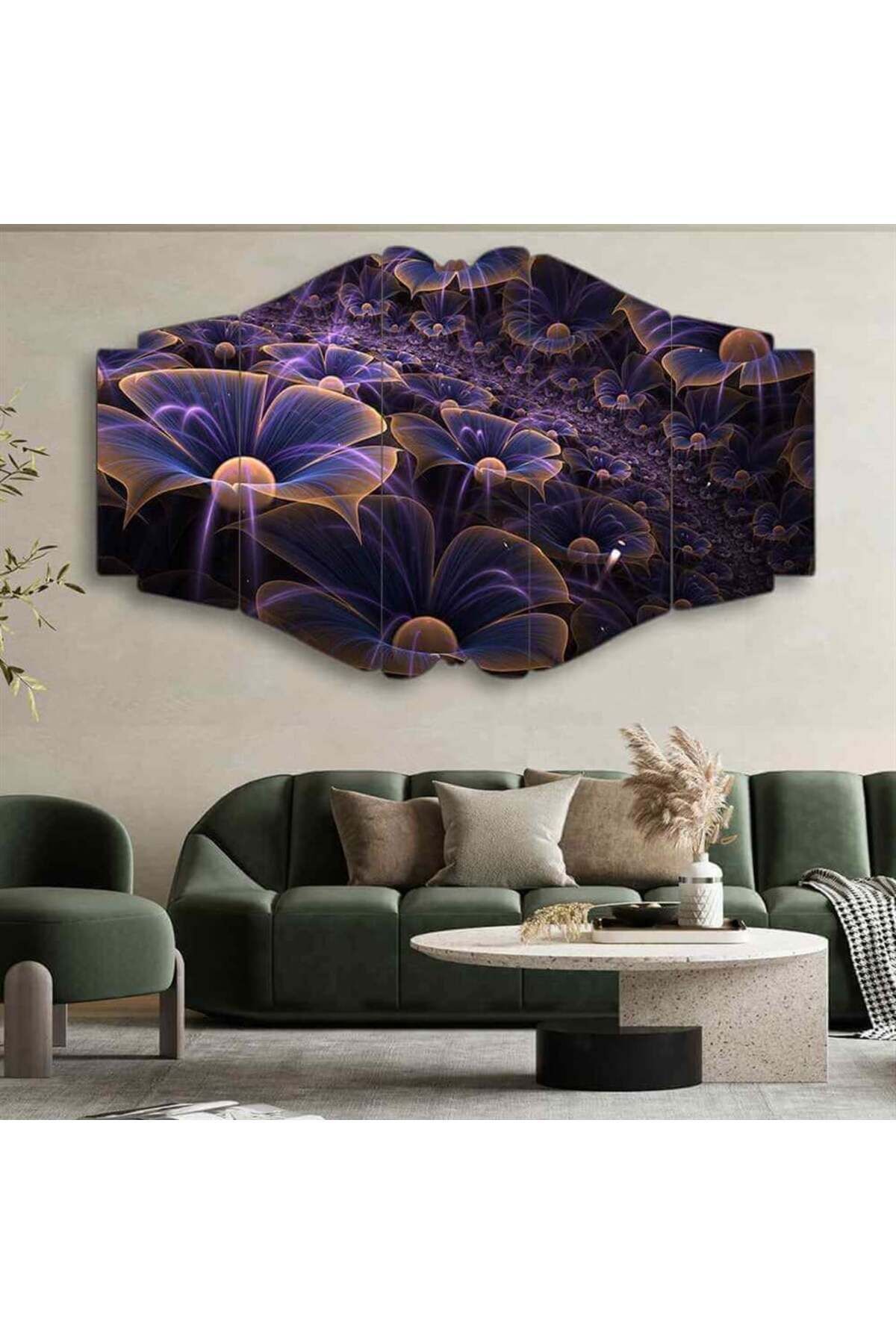 Mor Çiçek Motifleri - 5 Parçalı Tablo