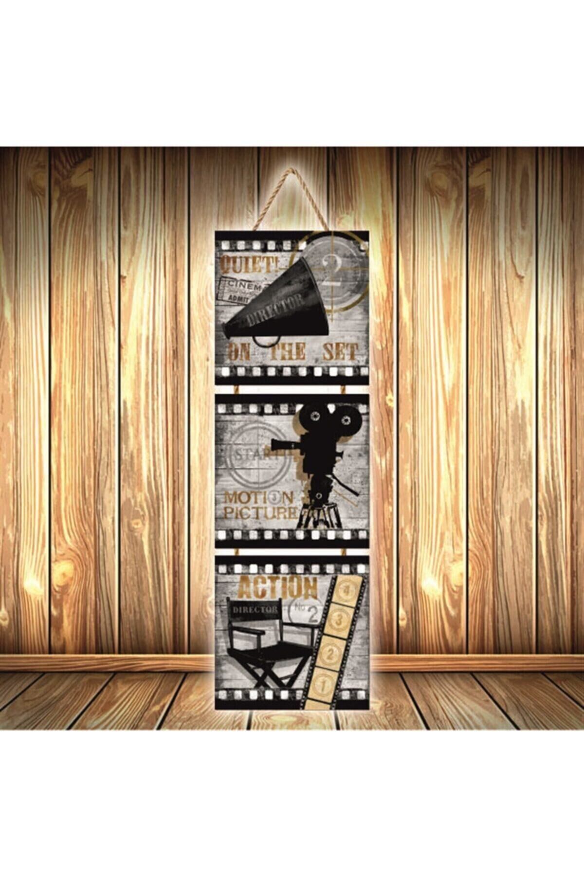 Cinema Action Tasarımlı Üçlü Retro Ahşap Poster Ü309